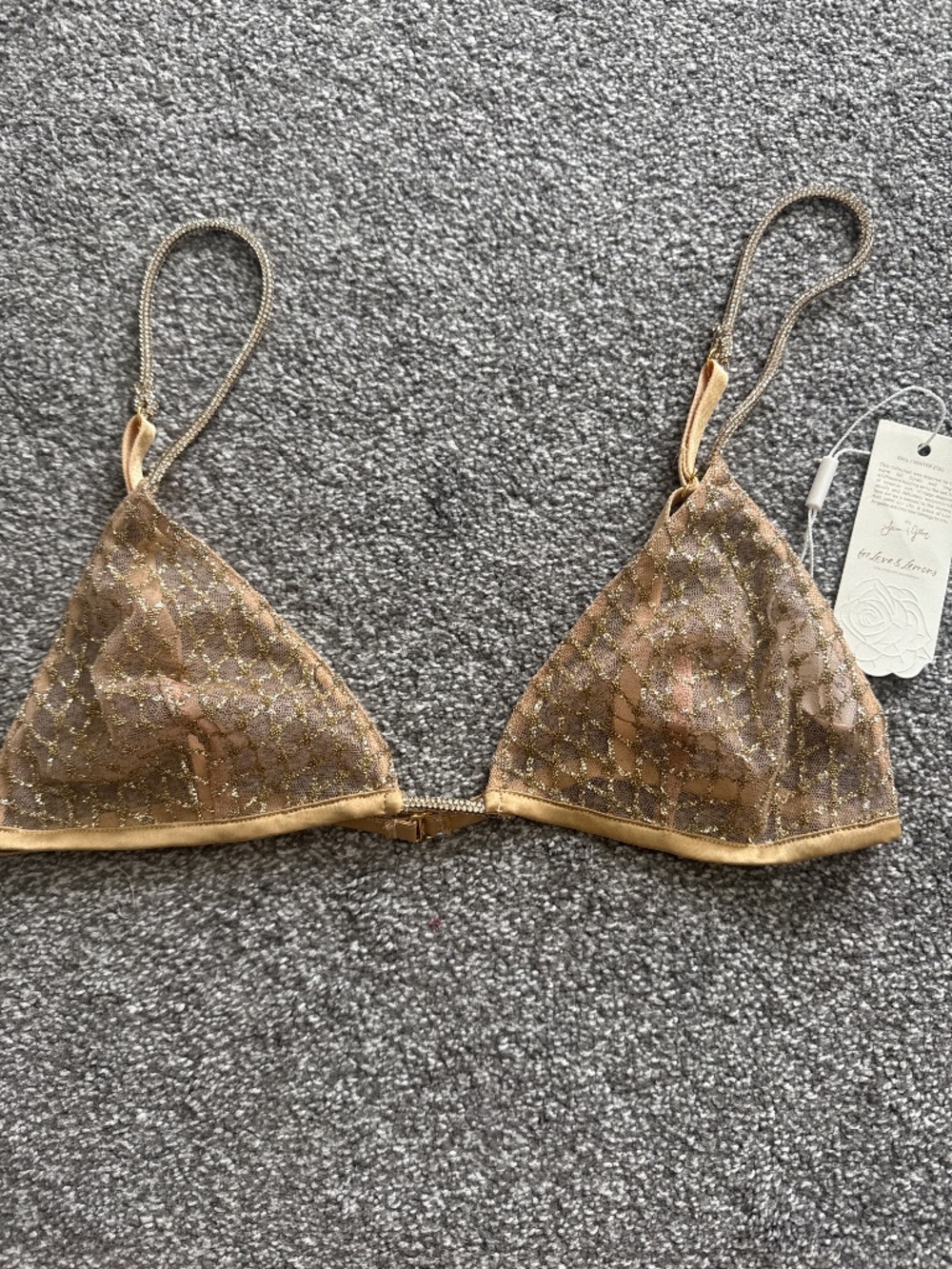 NWT For Love and Lemons gold sparkle sheer jeweled straps bra Small DD